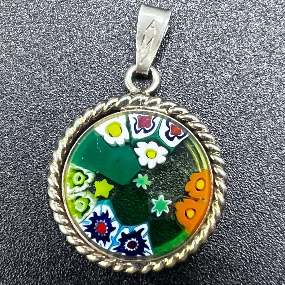 Murano Venetian Millifiori Glass Pendant Gold Plate Sterling Silver AMV